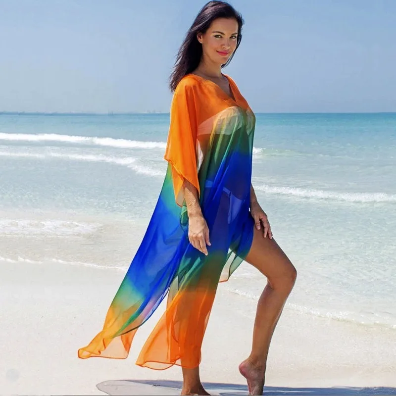 

Beach Wear Swimwear Cover Up Summer Dress Polyester Fashion Chiffon V-neck Multi-color Gradient on Vacation Skirt Bikini Blouse