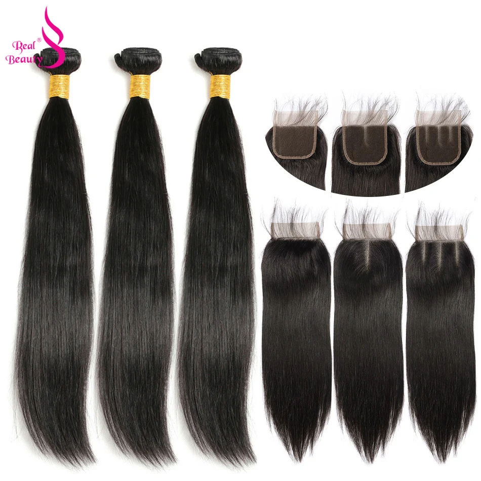 

REAL BEAUTY Malaysian Straight Hair 3 Bundles With Closure Remy Human Hair Weave With Closure