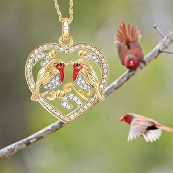 

Lovely Animal Birds Sparrow Heart-shaped Necklace Pendants Alloy Crystal Gold Color Clavicle Pendant For Women Girl
