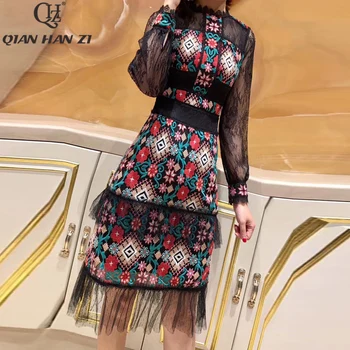 

Qian Han Zi Designer Fashion Summer Dress Women's Long Sleeve Luxury Embroidered Dress Vintage Patchwork ruffled sexy lace dress