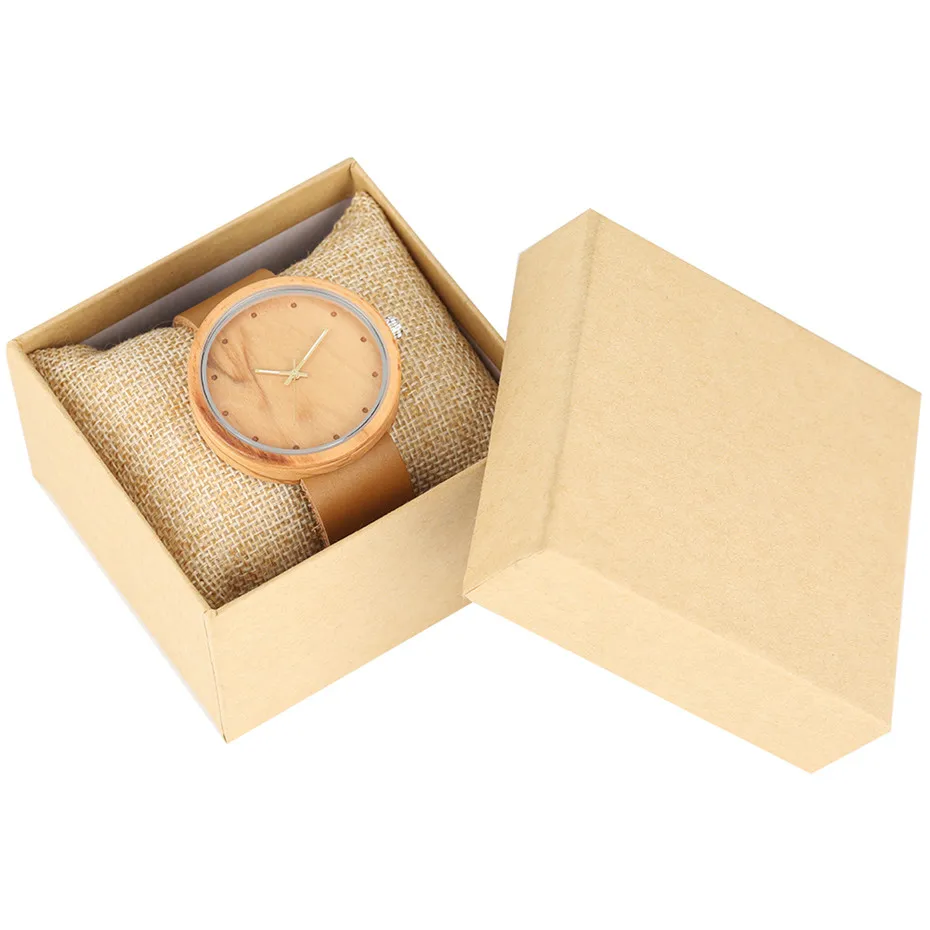 brown with box Простые круглые кофе коричневые мужские деревянные часы женские наручные часы с ремешком из натуральной кожи роскошные мужские s часы женские элегантные кварцевые часы - Цвет: brown with box