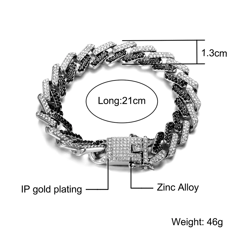 D&Z, хип-хоп, 8 цветов, со льдом, побрякушки, CZ, кубинские звенья, цепочка, браслет для мужчин, зубец, Майями, звено, очаровательный браслет - Окраска металла: silver and black