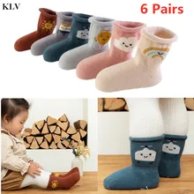 KLV/6 пар, хлопковые носки с рисунком для малышей, осенне-зимние чулки для мальчиков и девочек, мягкие теплые носки для малышей