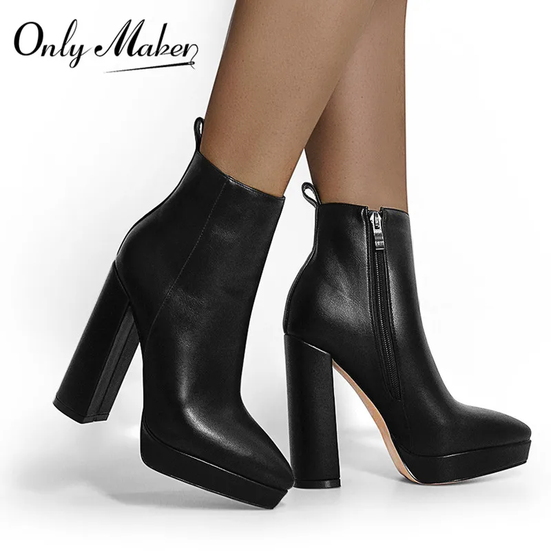 Onlymaker Women Ankle Boots Pointed Toe Black Matte Flock 12CM Chunky Heel Platform Booties Party Shoes Large Size Short Boots