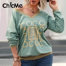 

Chicme Women 2022 Spring Letter Metallic Long Sleeve Top Loose V-neck Pullover Women Clothing Casual Shirts