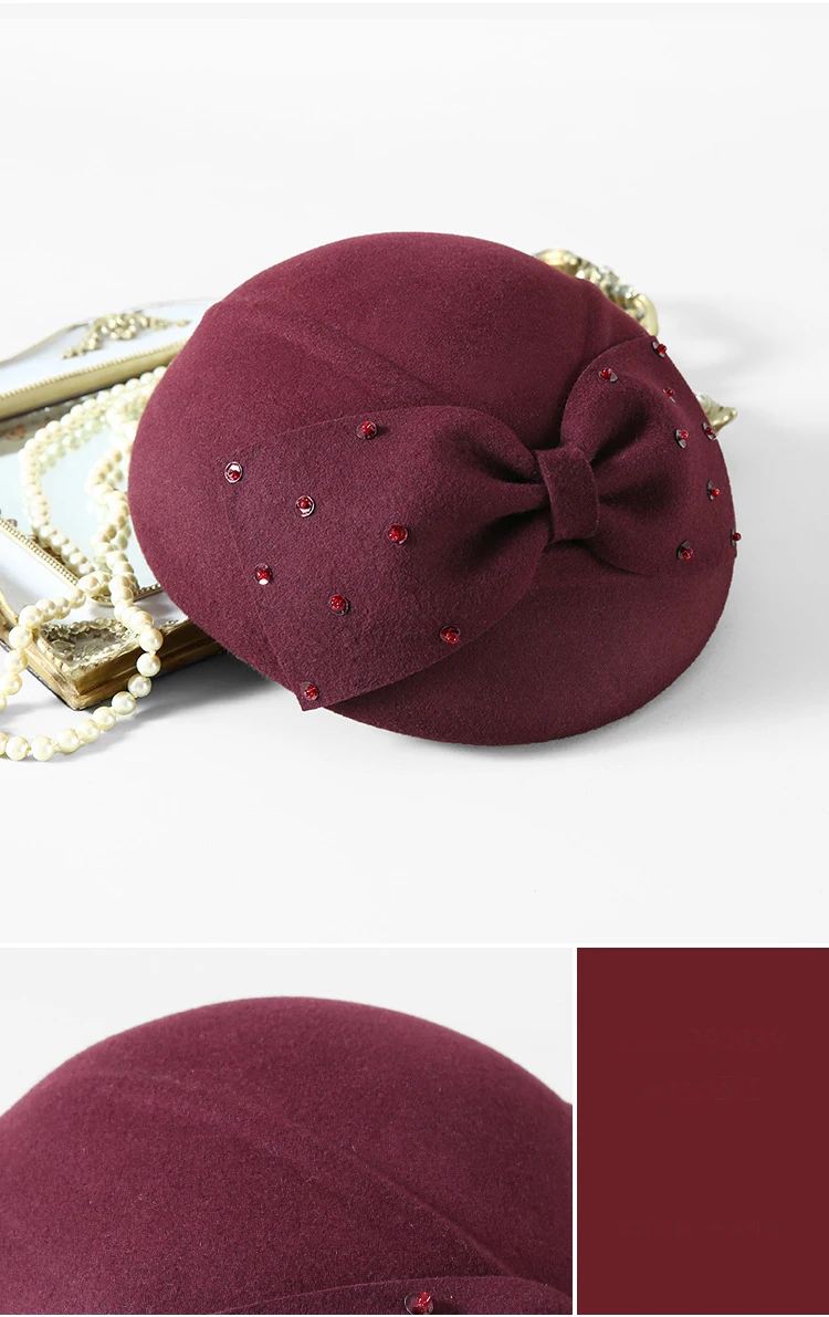 FS Модный женский красный шерстяной фетровый берет, Кепка-котелок, элегантный бантик, церковный колокол, шапки, теплые зимние фетровые шляпы