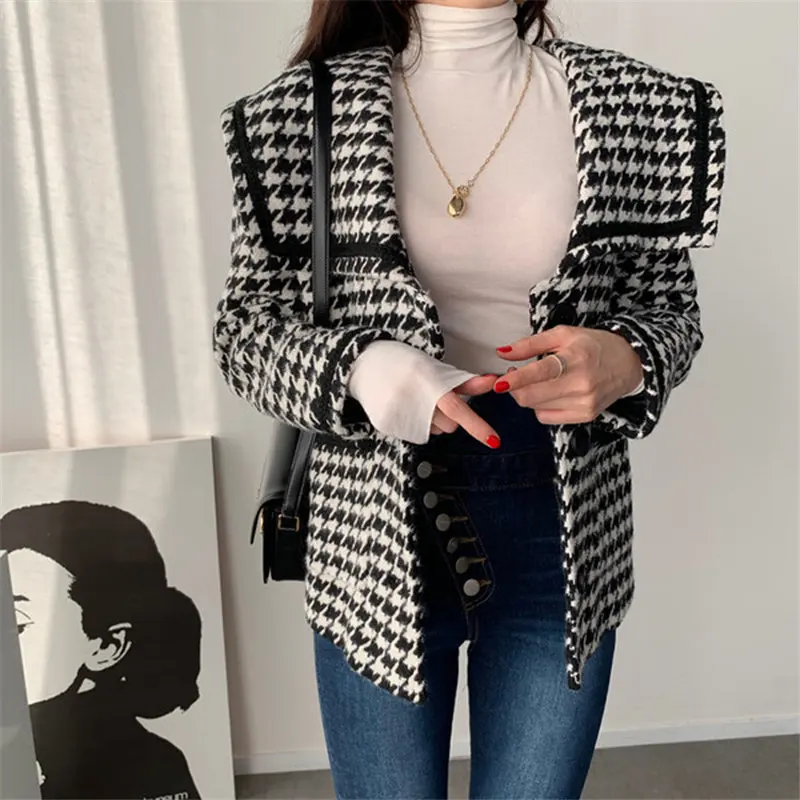 

HziriP 2020 Retro Thicken Sailor-Collar Slender Houndstooth Blazers Woolen Femme Fashion Loose Elegant Office Lady Oversize Coat