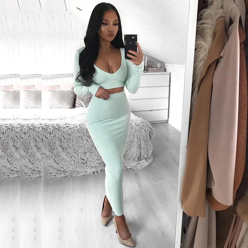 Women Two Piece Outfits Sets Long Sleeve Crop Tops And Pencil Skirt Set Female Slim Elegant Matching Spring Autumn |