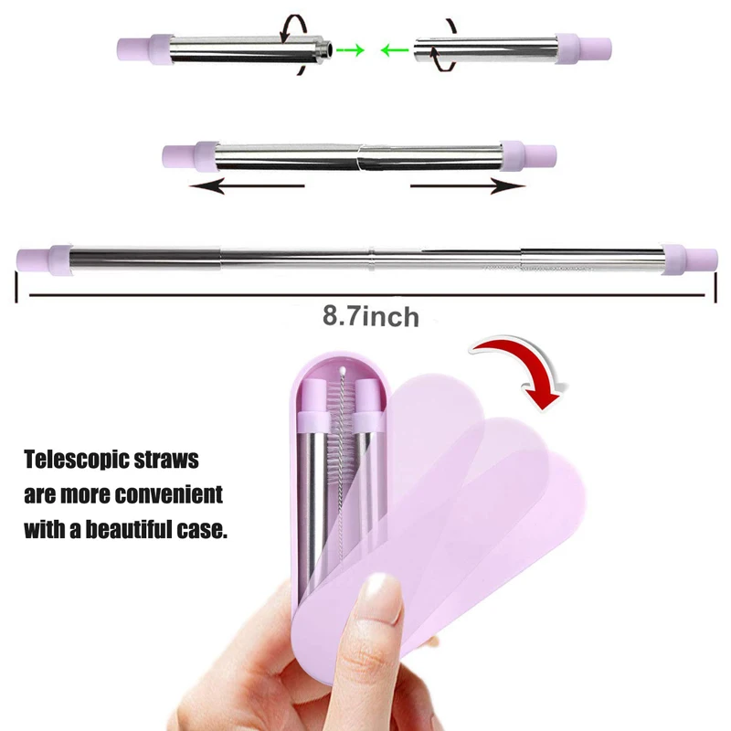 Портативный выдвижной нержавеющей стали телескопическая питьевой соломы путешествия многоразовые вечерние соломы с 1 щеткой и металлический чехол для переноски