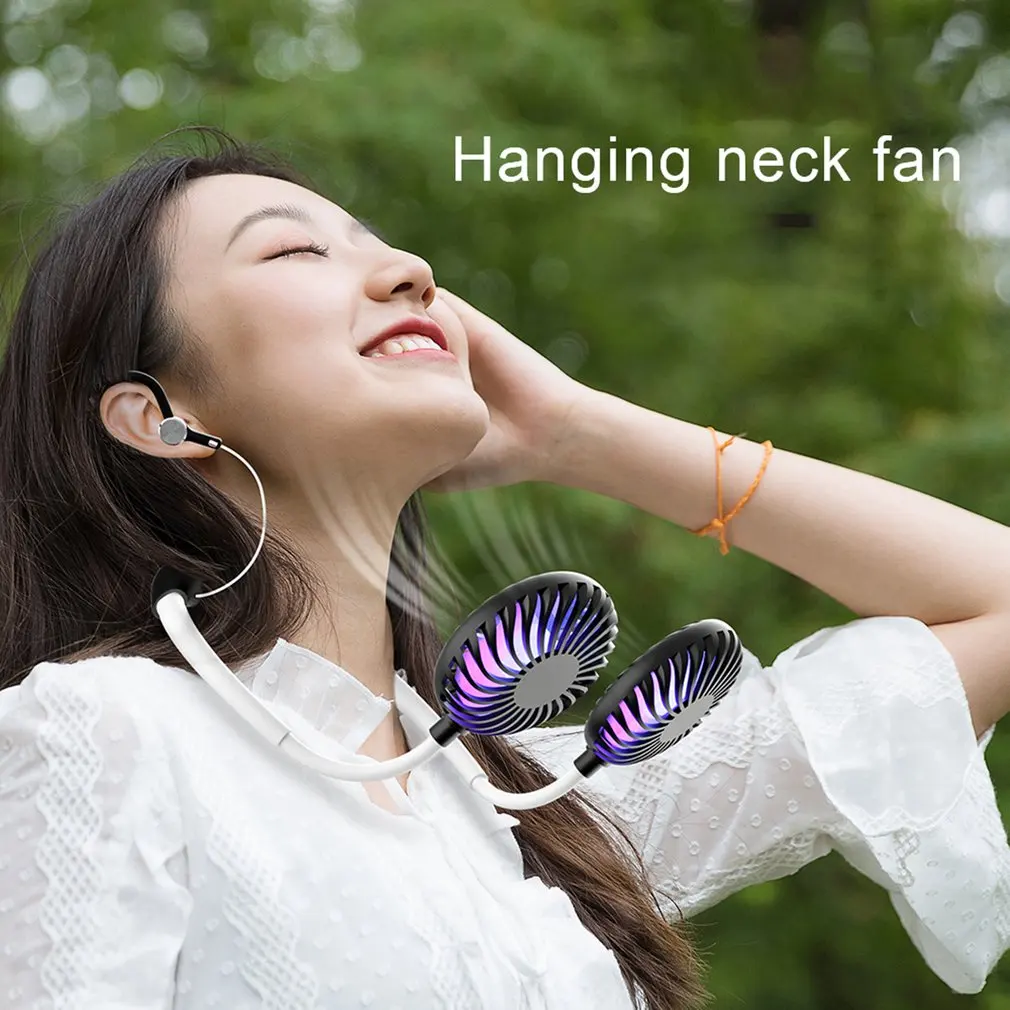 New Portable USB Rechargeable Bluetooth Headset Double Neck Fan Air Cooler Summer Mini Fan Headset with LED Light Aromatherapy
