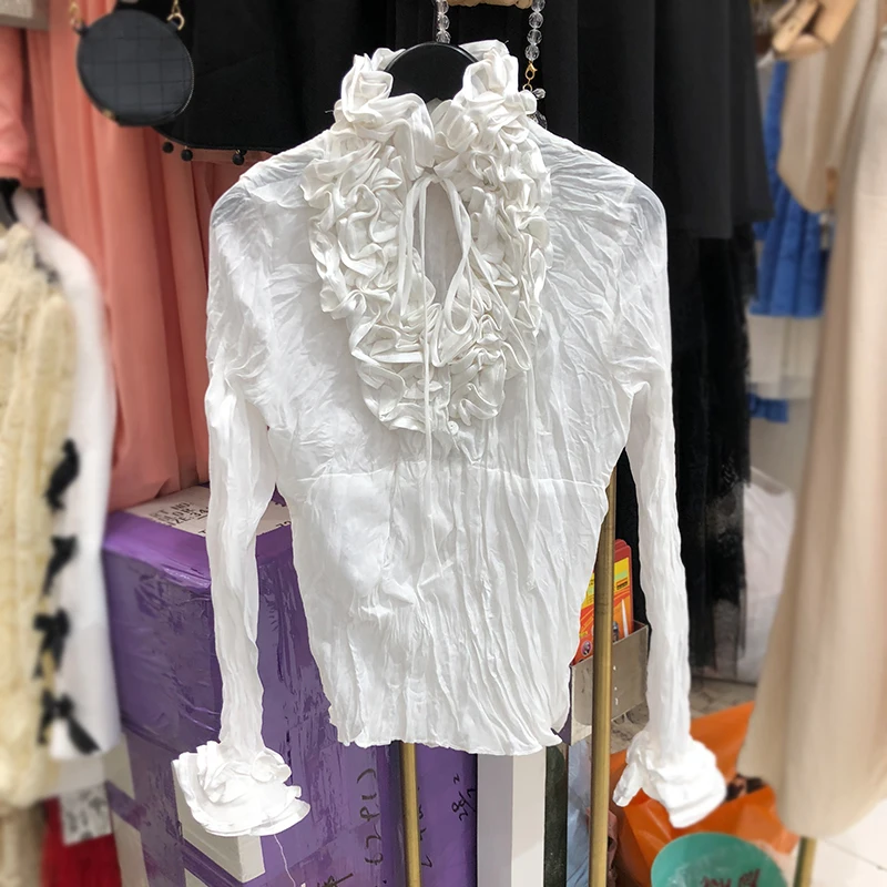 

2020 Early Autumn Shirts Woman New Korean Fashion Long Sleeve All-match Pleated Ruffles Blouse Lady Top Stretch Slim Fit Shirt