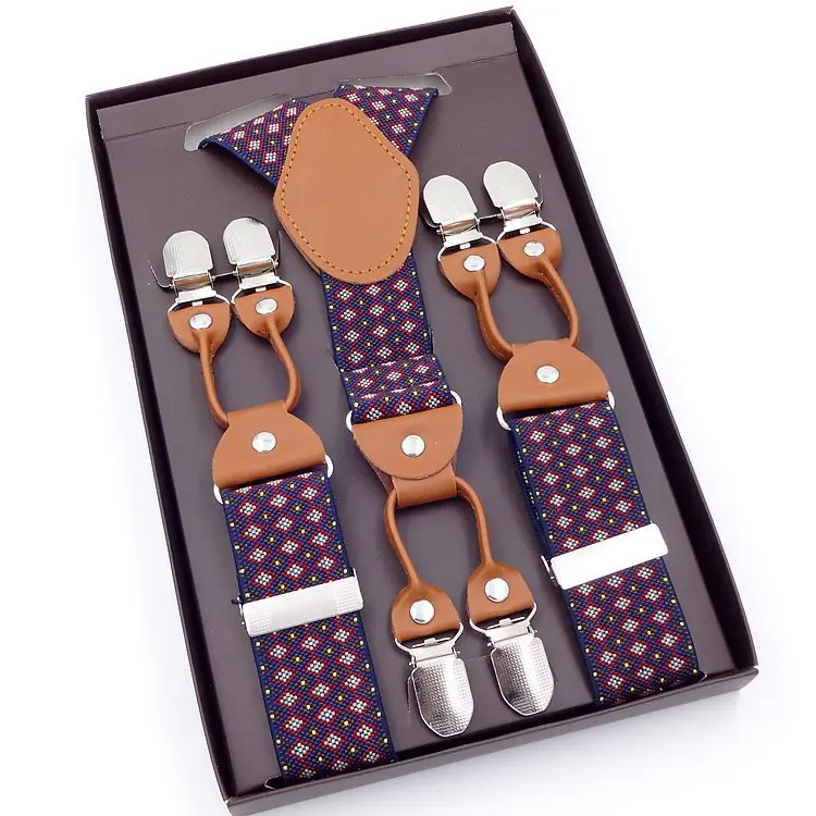 Male Shirt Suspenders Brown PU Leather 6 Clips Suspenders Western-style Trousers Man Braces Adjustable Suspenders Gift Box - Цвет: 8