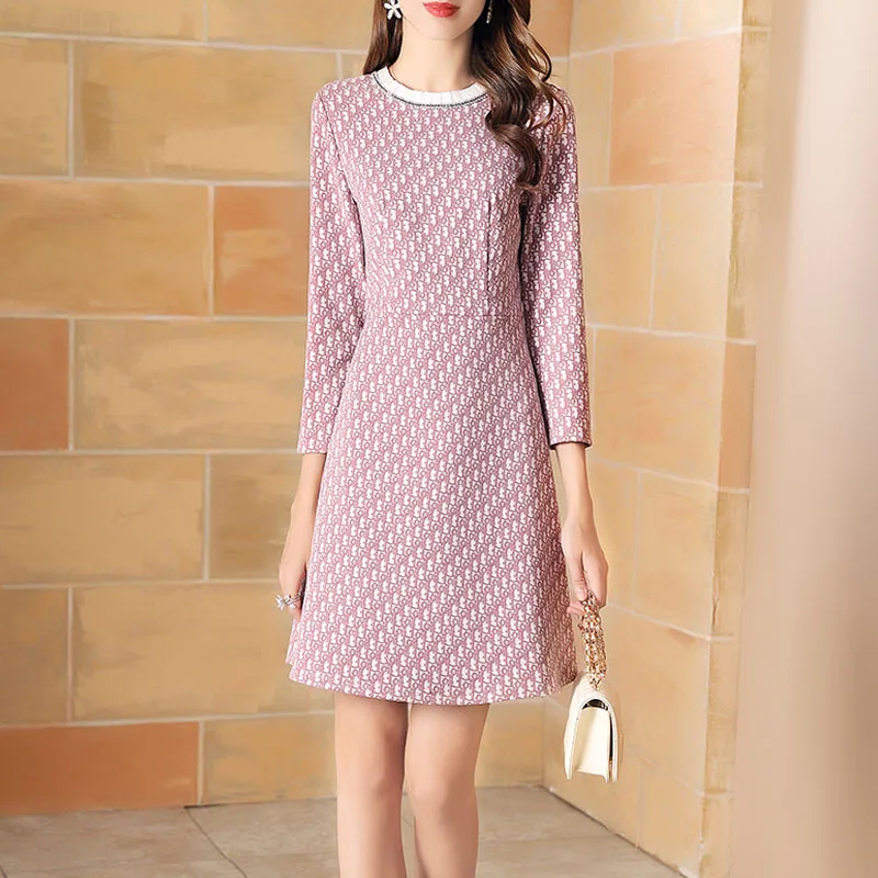 

2020 New Style Pink Printing Long-sleeved Dress Women's Autumn And Winter Short-height Base A- line Skirt Short Europe And Ameri