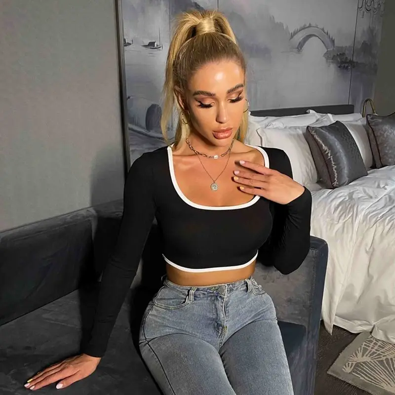 

Women T-Shirt Summer Black Long Sleeve Stitching Contrast Sexy Mini Slim Cropped Tee Square Neck Casual Top Ladies T Shirt