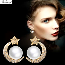 SINLEERY, шикарные серьги-гвоздики с жемчугом, новая луна, звезда, желтый, золотой, серебряный цвет, крошечные серьги с кристаллами для женщин, ювелирные изделия ES736 SSH