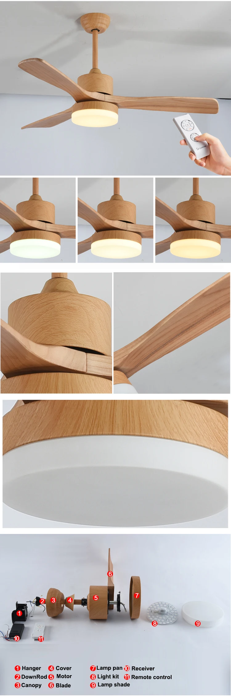 Modern Decorative Solid Wooden Blade Matte Black Energy Saving LED Ceiling Fan With Light