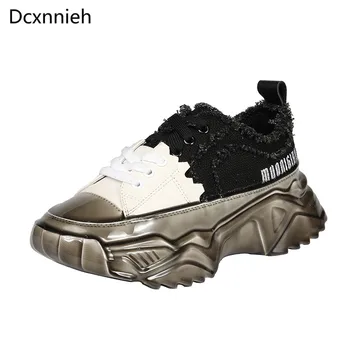 

Fall Crystal Clear Platform Shoes Women Mixed Color Lace Up Round Toe Leisure Sneakers Woman Thick Sole Height Increasing Shoes