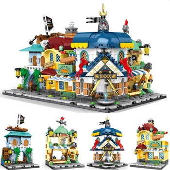 

2020 new Anime ONE PIECE Pirate Street View Hotel Food Store Bank Model Building Blocks Bricks Toys For Children gift