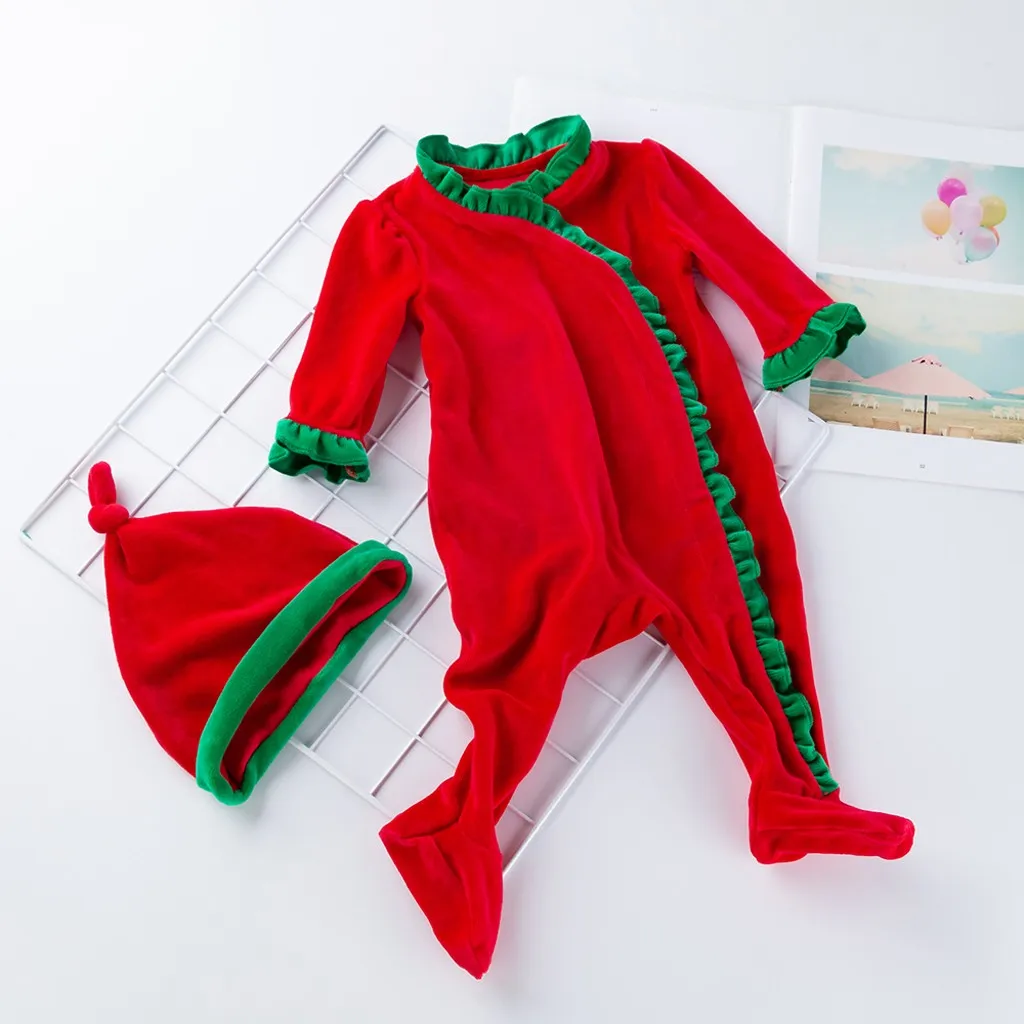 Рождественский однотонный комбинезон с длинными рукавами для малышей+ шапочка, комплект одежды