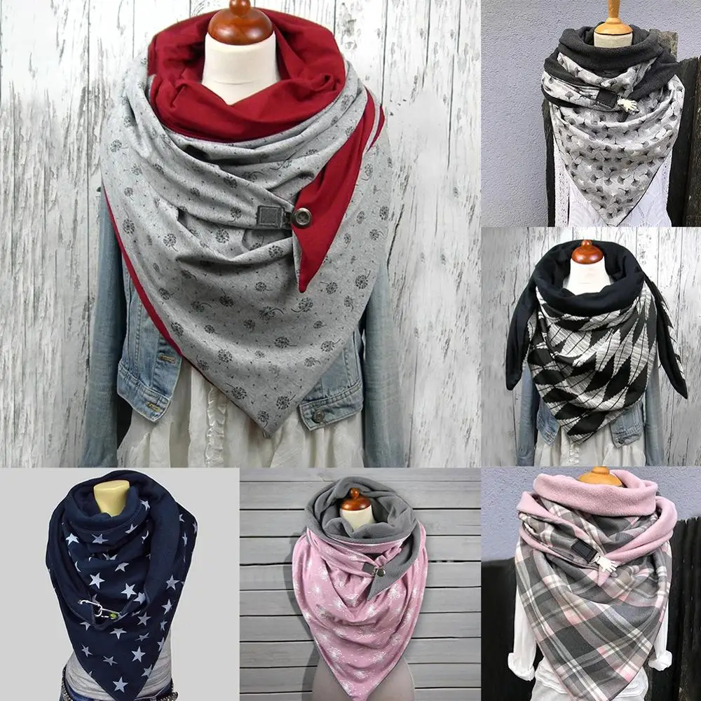 

Breathable Cotton Headscarf Fashion Windproof Printing Button Splicing Cowl Scarf Cape Apparel Accessories for Women One Size