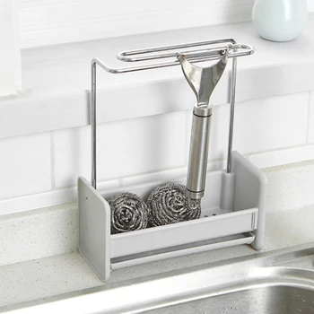 

Kitchen Sponge Holder Sink Caddy Cleaning Brush Soap Organizer Rack with Towel Bar Drain Tray Towel Hanging Drying Rack Shelf