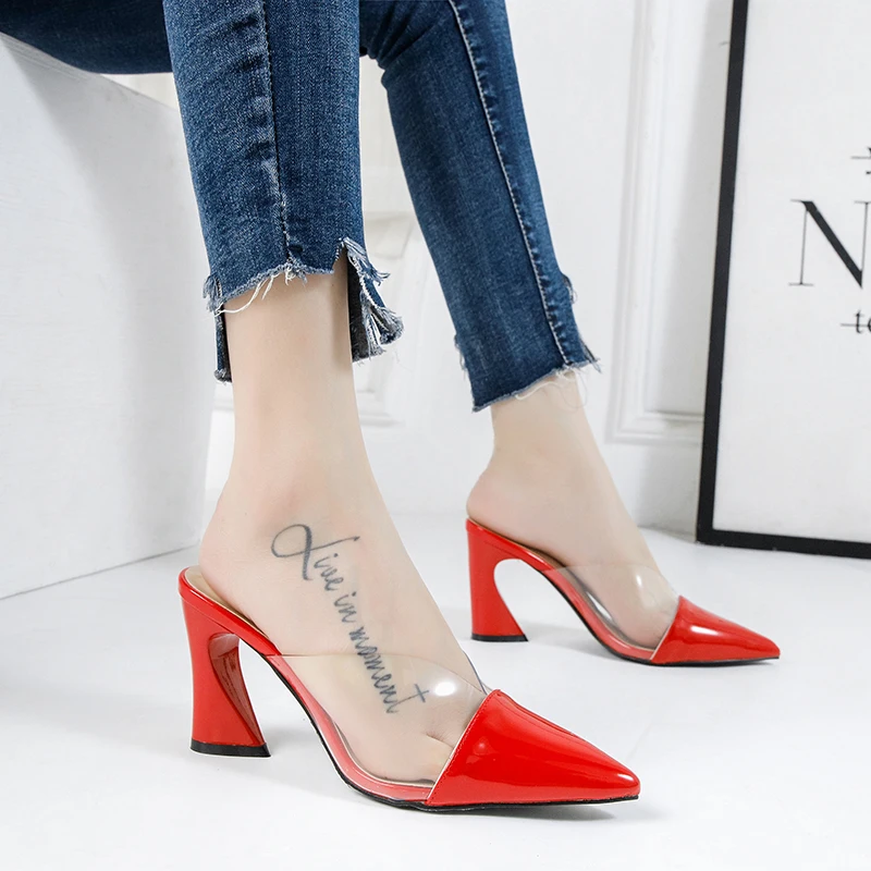 

Woman shoes strange heels mules slip on pump PVC patchwork pointed toe Shoes high heel Slides shallow sandals zapatos mujer