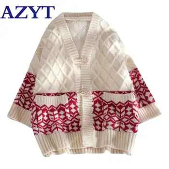 

AZYT Autumn Winter New Women's Cardigan 2020 Thicken Loose V Neck Knitted Cardigan Female Jacket Fashion Argyle Sweater Coat