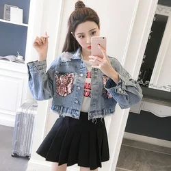 2021 Spring and Autumn New Pocket Sequins Ripped Jacket Retro All-match Frayed Denim Short Jacket Female Tide Bomber Jacket 2021 Spring and Autumn New Pocket Sequins Ripped Jacket Retro All-match Frayed Denim Short Jacket Female Tide Bomber Jacket