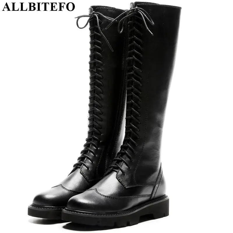 

ALLBITEFO natural genuine leather women boots casual concise high heels mid-calf boots for women winter girl shoes long boots