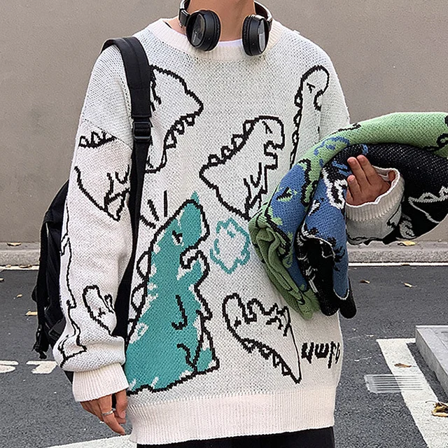 Oversize Sweater Women 2021 Y2K Autumn Winter Sweater Couple Dinosaur Loose Pullovers 90s Green Long Sleeve Knitted Jumper Women white