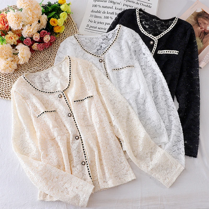 

Early Autumn Long Sleeve Blouse Lace Shirt Women Single Breasted Hit Color Thin Coat Office Lady Work Wear Elegant Top 2020