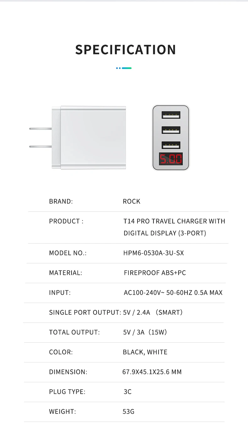 T14 Pro 3 порта дорожное зарядное устройство ROCK 2.4A умный цифровой дисплей Быстрая зарядка телефон зарядное устройство для iPhone samsung