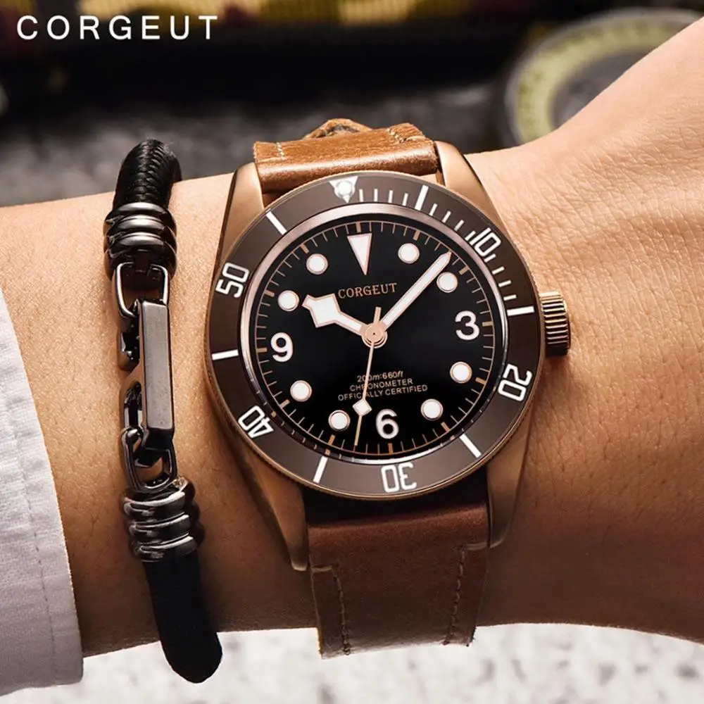 

Corgeut 41mm Automatic Mechanical Mens Watch Luxury Brand Sapphire Glass PVD Case Military Swim Clock Leather Wrist Watches