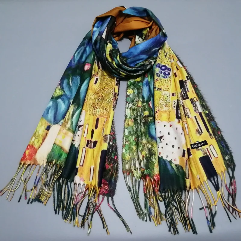 Gustav Klimt Oil Painting Cashmere Scarf Women Designer Lover Kiss