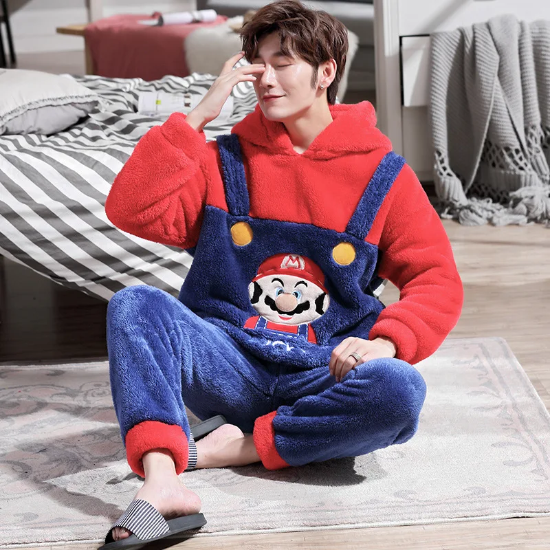 2019 Winter Men Pajama Sets Coral Velvet Plus Thick Warm Long-Sleeve Pants Soft Hooded Cartoon Men Homewear 2019 Winter Men Pajama Sets Coral Velvet Plus Thick Warm Long-Sleeve Pants Soft Hooded Cartoon Men Homewear