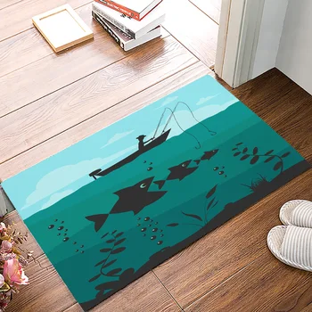 

Fishing Fishing Blue Bait Fisherman Illustration Fishing Hook Contour Fishing Boat Black DoorMat Outdoor Indoor Bathroom Rug