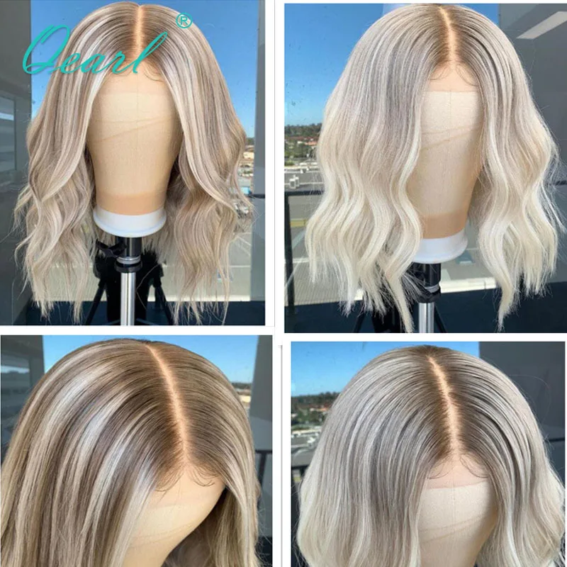 Women"s Human Hair Lace Wigs Short Bob Lace Part Frontal Wig Ombre Ash Blonde Grey Highlights 13x1 Wavy Virgin Hair 150% Qearl