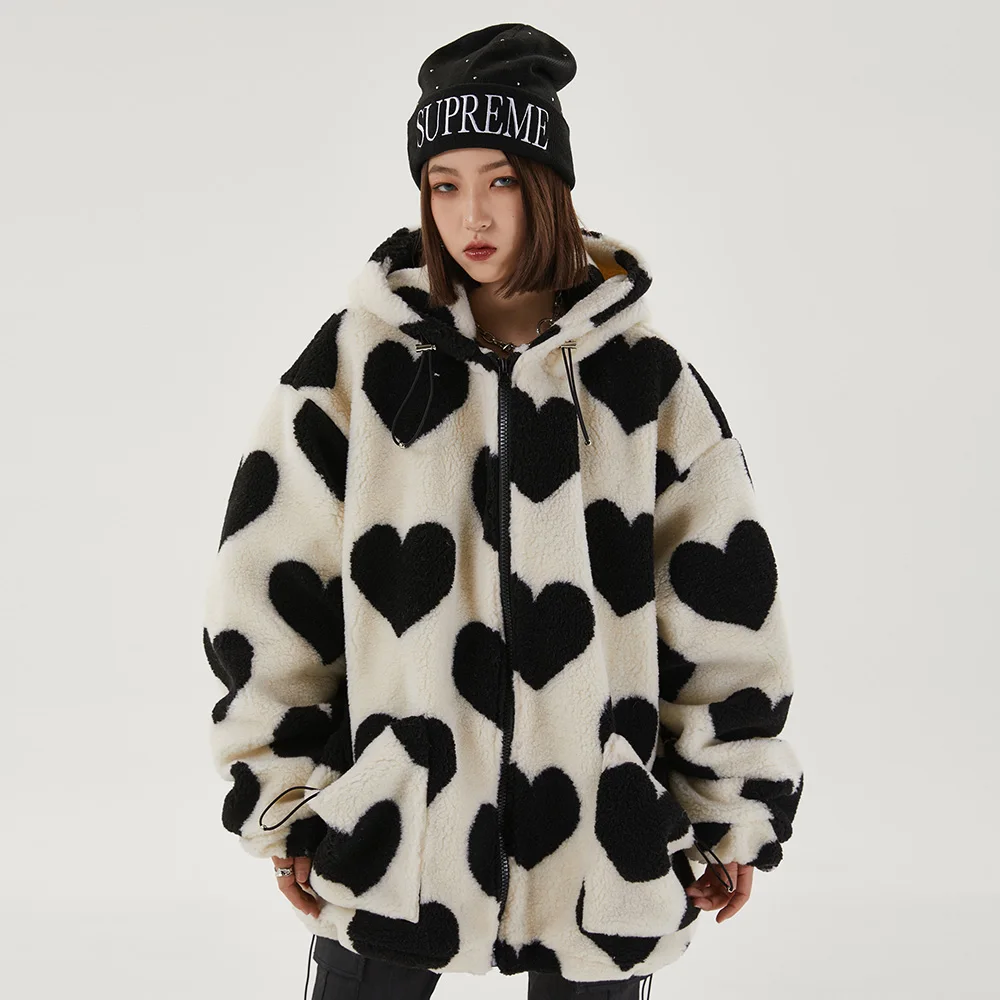 Aolamegs Cute Heart-shaped Print Lambswool Winter Jacket Men Drawstring Pockets Zipper Hooded High Street Warm Couple Streetwear
