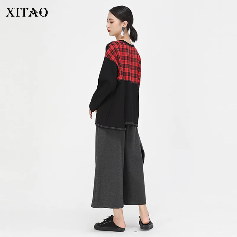 XITAO/винтажная клетчатая футболка с вышивкой, Женская Асимметричная контрастная Футболка большого размера, Женская Осенняя футболка с длинными рукавами WLD2867