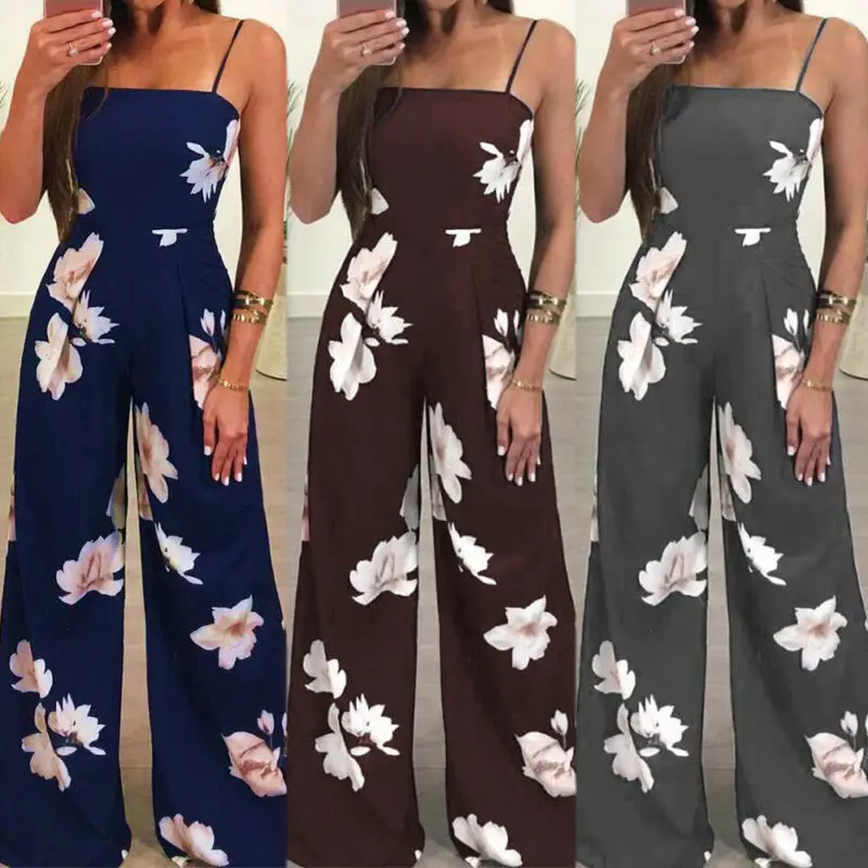 New Fashion Women Summer Playsuit Romper Jumpsuit Ladies Sleeveless Spaghetti Strap Floral Printed High Waist Casual Trousers