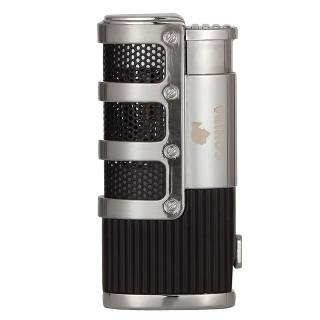Черный COHIBA зажигалка для сигар бутан 3 фонарь струйная зажигалка с резак для сигар удар аксессуары ветрозащитный прикуриватель подарочная коробка - Цвет: Черный