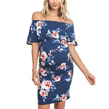 

Floral Printed Ruffles Maternity Dresses Off Shoulder Pregnancy Dresses Ruffle Shoulderless Women Bodycon Dress Summer Pregnant