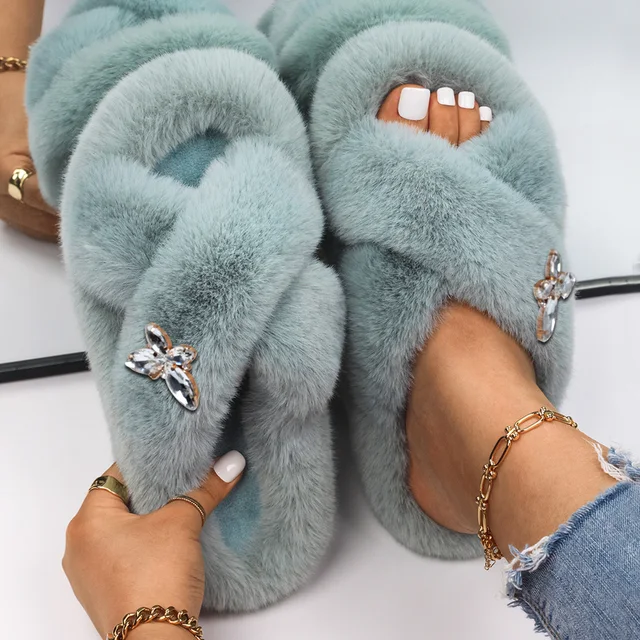 Fluffy Slippers Women Crystal Flower Decor Furry Sandals Elegant Ladies Home Flip Flops Faux Fur Slides Luxury Designer Shoes Blue6