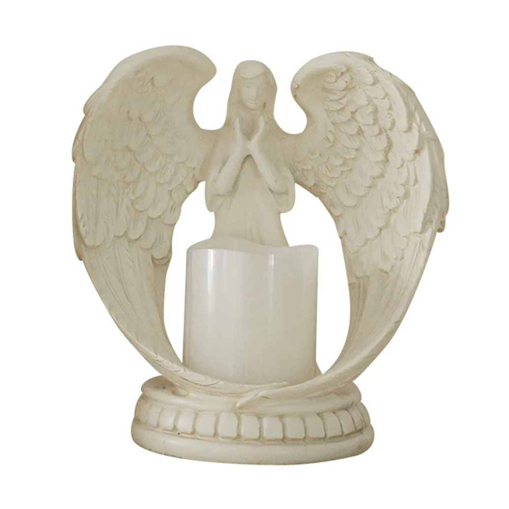 

Ornaments Christmas Home Wedding Decorative Sculpture Flamless Resin Angel Figurine Wings Praying Electronic Candlestick Crafts