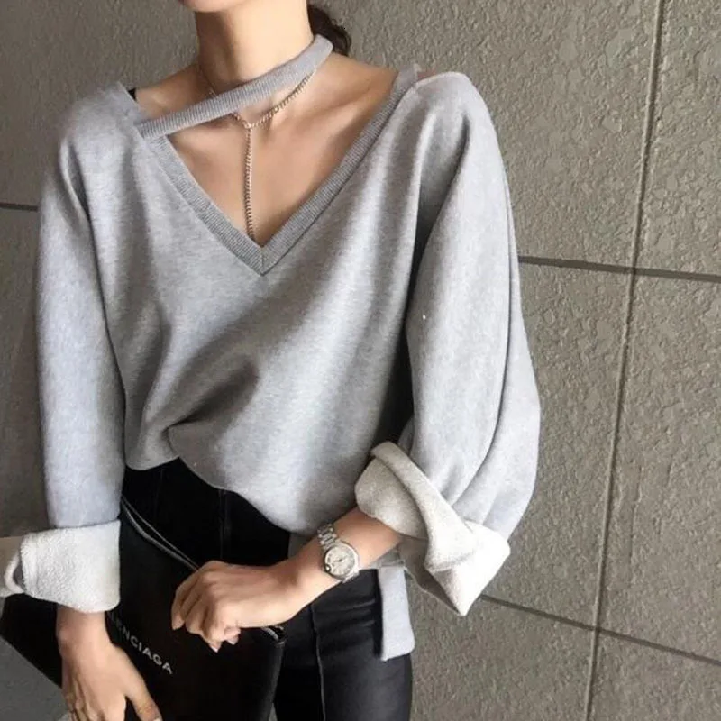 gray sweatshirt SHENGPALAE Женская толстовка с открытыми плечами Свободный пуловер в полоску с длинным рукавом и v-образным вырезом повседневная одежда Весна FI671 - Цвет: gray sweatshirt