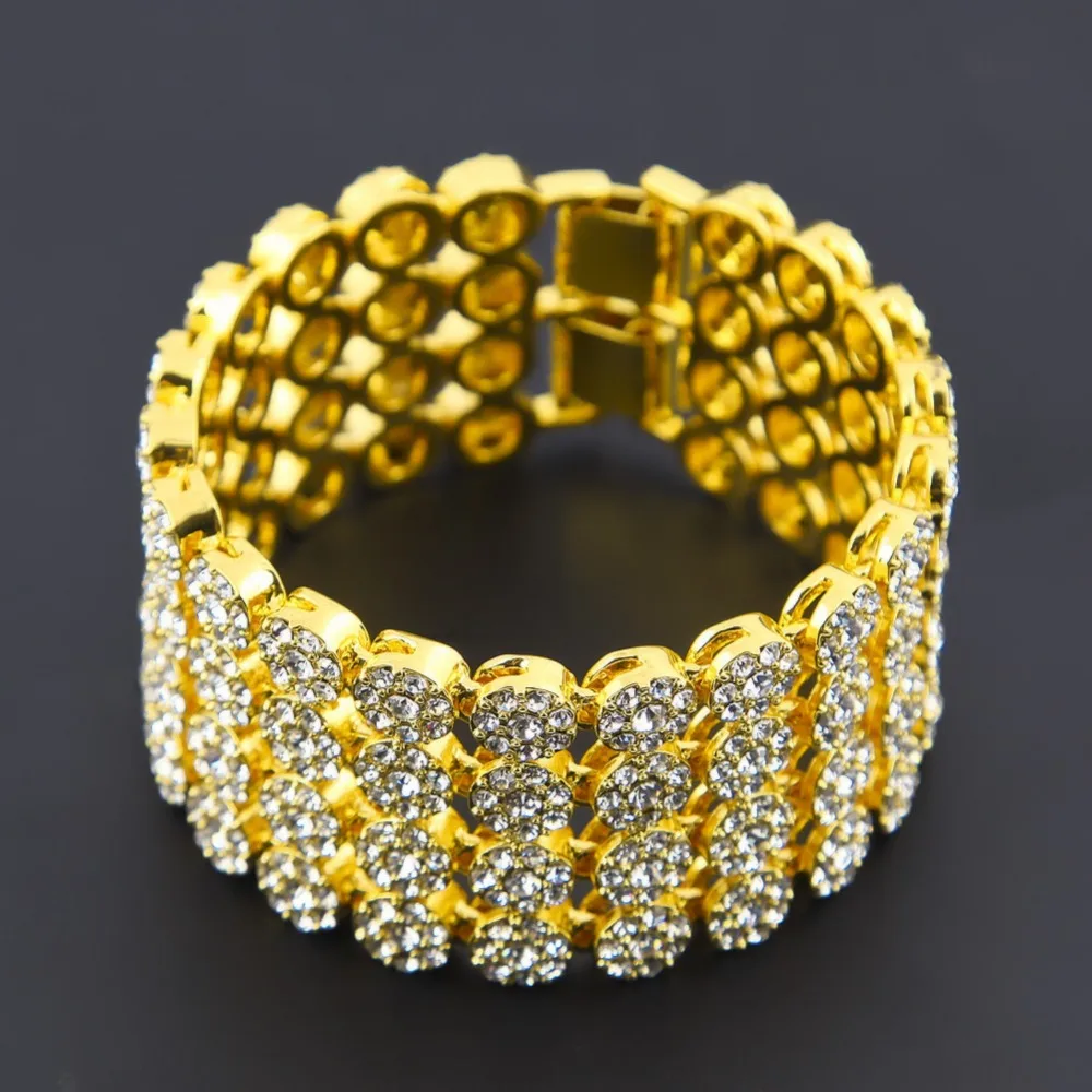 

1New Fashion Charm Hip Hop Full Rhinestones Paved Bling Iced Out Geometric Round Bracelets Bangles for Men Rapper Jewelry Gold