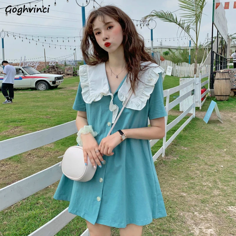 Short Sleeve Dress Women Summer Sailor Collar Kawaii Buttons Ruffles Pleated Womens Sweet Fashion 3 Colors A-line Vestidos Chic Short Sleeve Dress Women Summer Sailor Collar Kawaii Buttons Ruffles Pleated Womens Sweet Fashion 3 Colors A-line Vestidos Chic