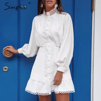

Simplee Streetwear women white dress Long sleeve ruffle hollow out lady summer dress Spring geometric lantern pockets mini dress