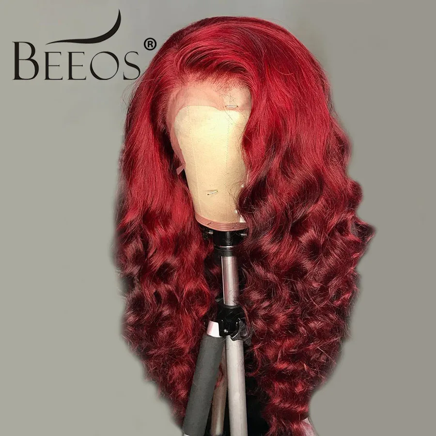 

Beeos Colored Red Deep Wave 13*6 Deep Part Lace Front Human Hair Wig Transparent Lace Preplucked Brazilian Remy For Black Women