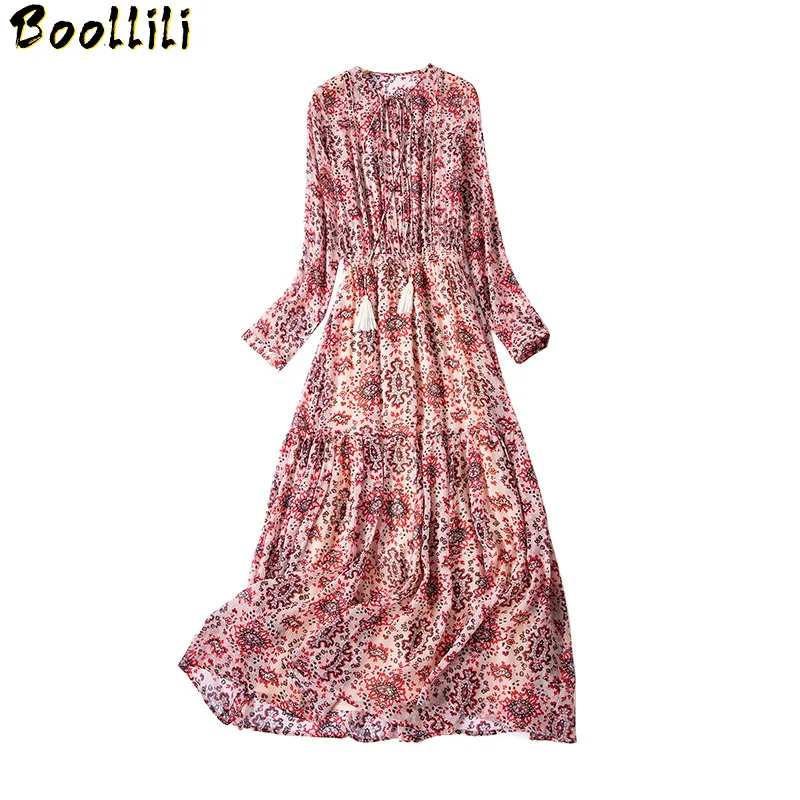 お得用 Boollili女性の春夏本物のシルクドレス花柄ボヘミアンビーチロングマキシドレスエレガントな長袖ドレス女性服 セール時期 Medtech Tinderpoint Com